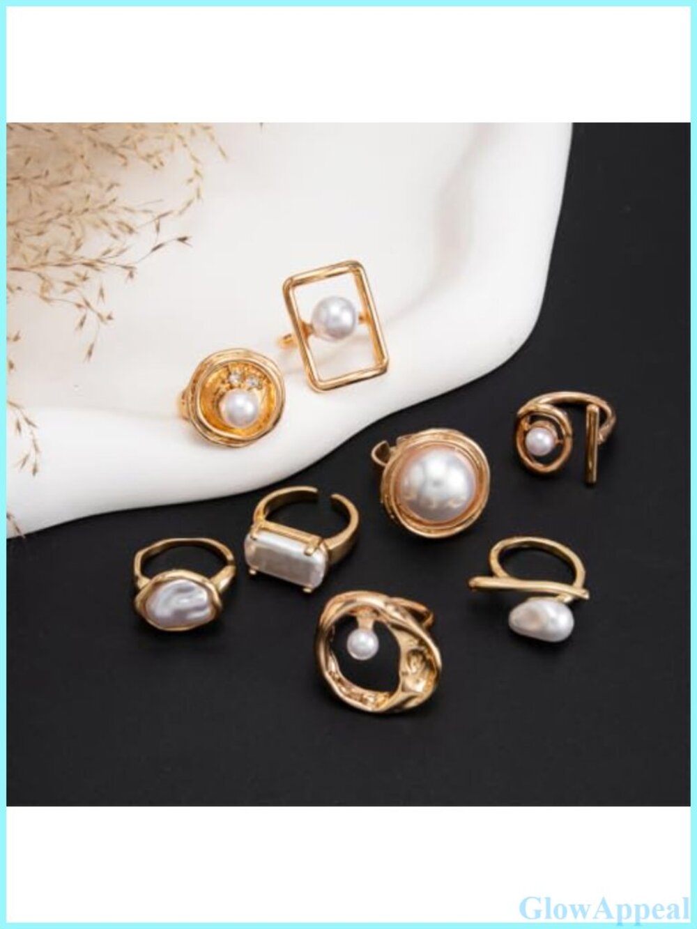 Gold Pleated Stack Ring Set Pearl Square Hollow Open Stackable Rings - Picture 3 of 6